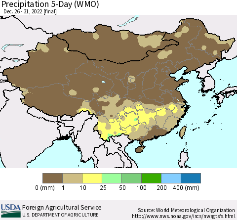 China, Mongolia and Taiwan Precipitation 5-Day (WMO) Thematic Map For 12/26/2022 - 12/31/2022