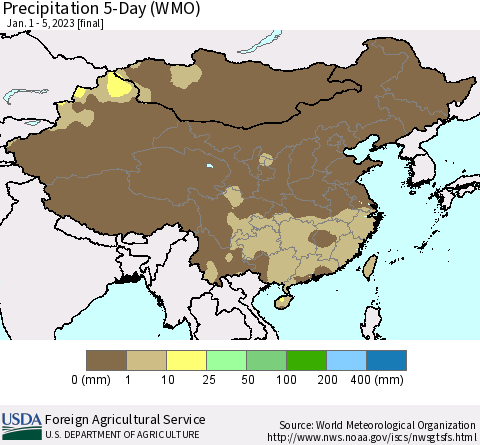 China, Mongolia and Taiwan Precipitation 5-Day (WMO) Thematic Map For 1/1/2023 - 1/5/2023