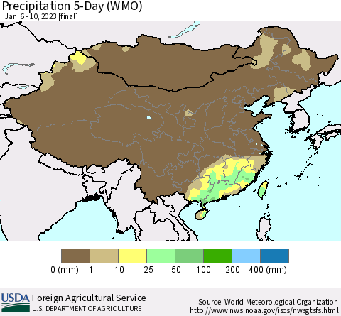 China, Mongolia and Taiwan Precipitation 5-Day (WMO) Thematic Map For 1/6/2023 - 1/10/2023