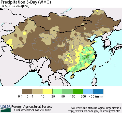 China, Mongolia and Taiwan Precipitation 5-Day (WMO) Thematic Map For 1/11/2023 - 1/15/2023