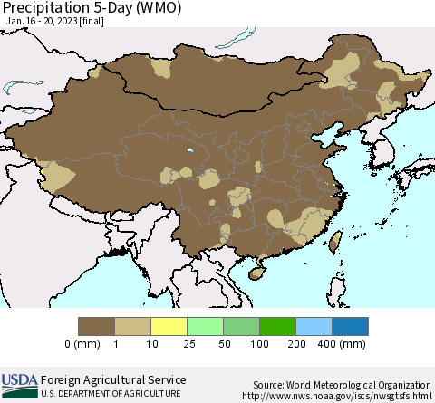 China, Mongolia and Taiwan Precipitation 5-Day (WMO) Thematic Map For 1/16/2023 - 1/20/2023