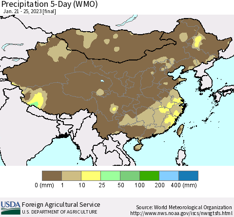 China, Mongolia and Taiwan Precipitation 5-Day (WMO) Thematic Map For 1/21/2023 - 1/25/2023