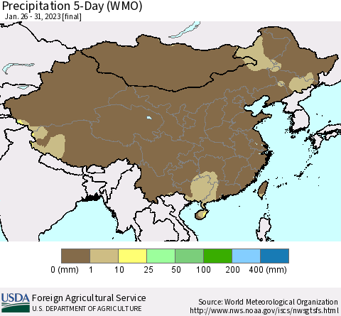 China, Mongolia and Taiwan Precipitation 5-Day (WMO) Thematic Map For 1/26/2023 - 1/31/2023