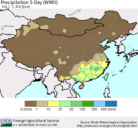 China, Mongolia and Taiwan Precipitation 5-Day (WMO) Thematic Map For 2/1/2023 - 2/5/2023