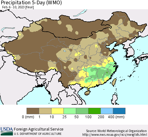 China, Mongolia and Taiwan Precipitation 5-Day (WMO) Thematic Map For 2/6/2023 - 2/10/2023