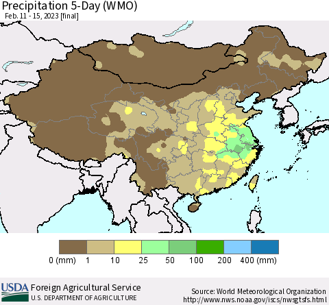 China, Mongolia and Taiwan Precipitation 5-Day (WMO) Thematic Map For 2/11/2023 - 2/15/2023