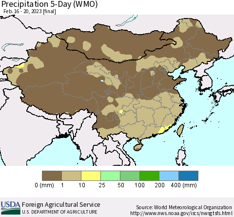 China, Mongolia and Taiwan Precipitation 5-Day (WMO) Thematic Map For 2/16/2023 - 2/20/2023