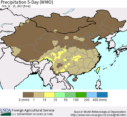 China, Mongolia and Taiwan Precipitation 5-Day (WMO) Thematic Map For 2/21/2023 - 2/25/2023