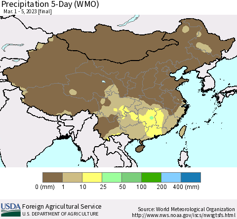 China, Mongolia and Taiwan Precipitation 5-Day (WMO) Thematic Map For 3/1/2023 - 3/5/2023