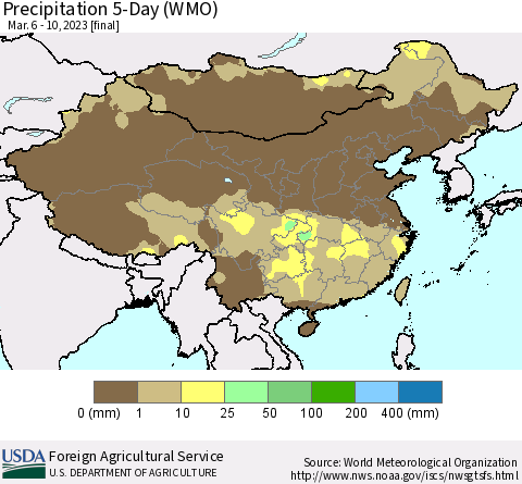 China, Mongolia and Taiwan Precipitation 5-Day (WMO) Thematic Map For 3/6/2023 - 3/10/2023