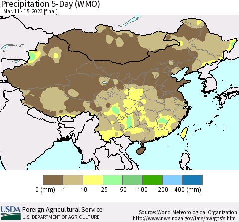 China, Mongolia and Taiwan Precipitation 5-Day (WMO) Thematic Map For 3/11/2023 - 3/15/2023
