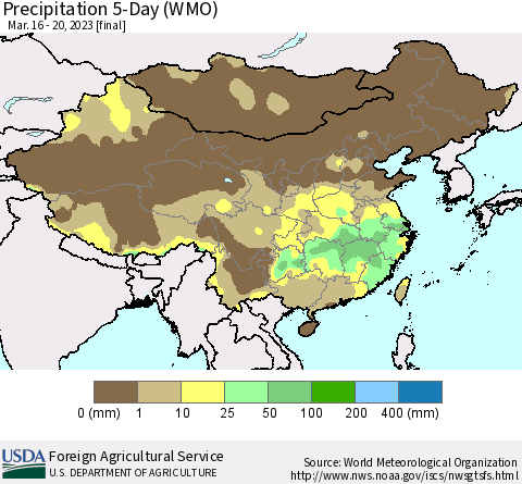 China, Mongolia and Taiwan Precipitation 5-Day (WMO) Thematic Map For 3/16/2023 - 3/20/2023