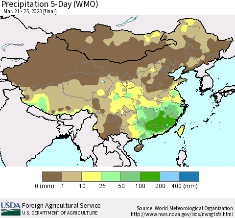 China, Mongolia and Taiwan Precipitation 5-Day (WMO) Thematic Map For 3/21/2023 - 3/25/2023