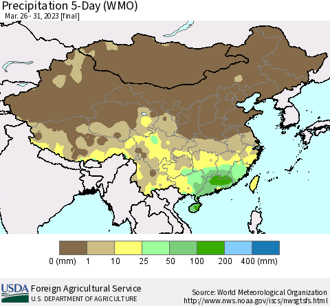 China, Mongolia and Taiwan Precipitation 5-Day (WMO) Thematic Map For 3/26/2023 - 3/31/2023