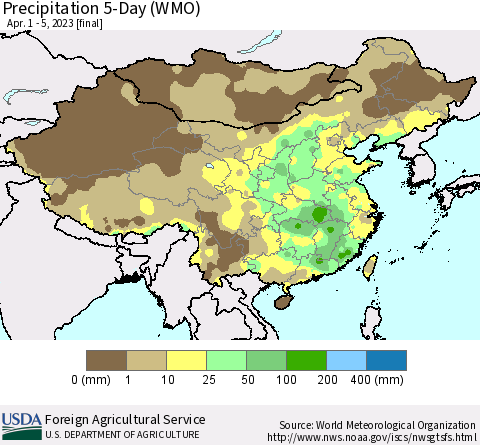 China, Mongolia and Taiwan Precipitation 5-Day (WMO) Thematic Map For 4/1/2023 - 4/5/2023