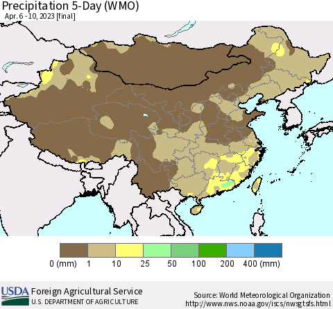 China, Mongolia and Taiwan Precipitation 5-Day (WMO) Thematic Map For 4/6/2023 - 4/10/2023