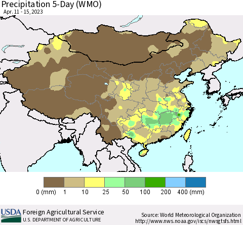 China, Mongolia and Taiwan Precipitation 5-Day (WMO) Thematic Map For 4/11/2023 - 4/15/2023