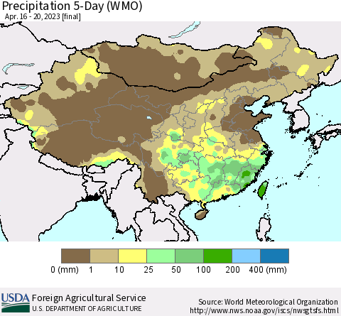 China, Mongolia and Taiwan Precipitation 5-Day (WMO) Thematic Map For 4/16/2023 - 4/20/2023