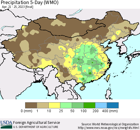 China, Mongolia and Taiwan Precipitation 5-Day (WMO) Thematic Map For 4/21/2023 - 4/25/2023