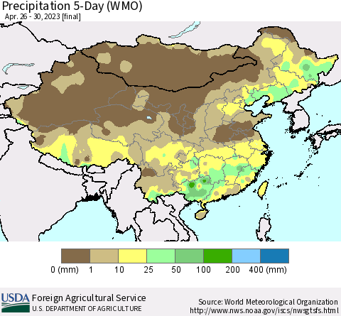 China, Mongolia and Taiwan Precipitation 5-Day (WMO) Thematic Map For 4/26/2023 - 4/30/2023