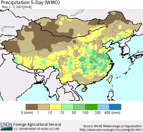 China, Mongolia and Taiwan Precipitation 5-Day (WMO) Thematic Map For 5/1/2023 - 5/5/2023