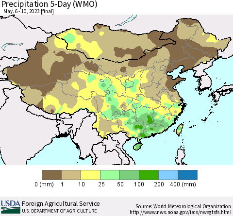China, Mongolia and Taiwan Precipitation 5-Day (WMO) Thematic Map For 5/6/2023 - 5/10/2023