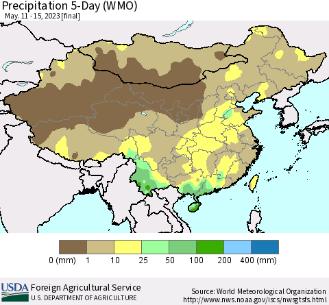 China, Mongolia and Taiwan Precipitation 5-Day (WMO) Thematic Map For 5/11/2023 - 5/15/2023
