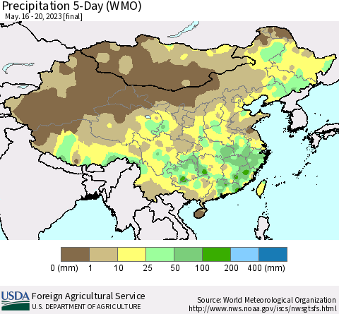 China, Mongolia and Taiwan Precipitation 5-Day (WMO) Thematic Map For 5/16/2023 - 5/20/2023