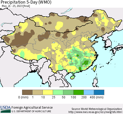 China, Mongolia and Taiwan Precipitation 5-Day (WMO) Thematic Map For 5/21/2023 - 5/25/2023