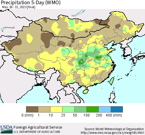 China, Mongolia and Taiwan Precipitation 5-Day (WMO) Thematic Map For 5/26/2023 - 5/31/2023