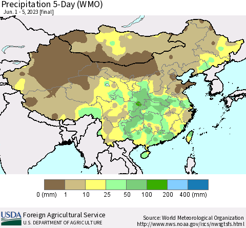 China, Mongolia and Taiwan Precipitation 5-Day (WMO) Thematic Map For 6/1/2023 - 6/5/2023