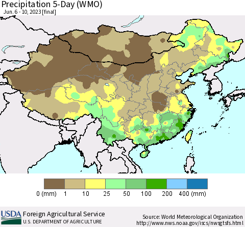 China, Mongolia and Taiwan Precipitation 5-Day (WMO) Thematic Map For 6/6/2023 - 6/10/2023