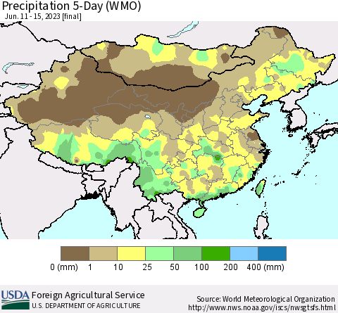 China, Mongolia and Taiwan Precipitation 5-Day (WMO) Thematic Map For 6/11/2023 - 6/15/2023