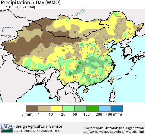 China, Mongolia and Taiwan Precipitation 5-Day (WMO) Thematic Map For 6/16/2023 - 6/20/2023
