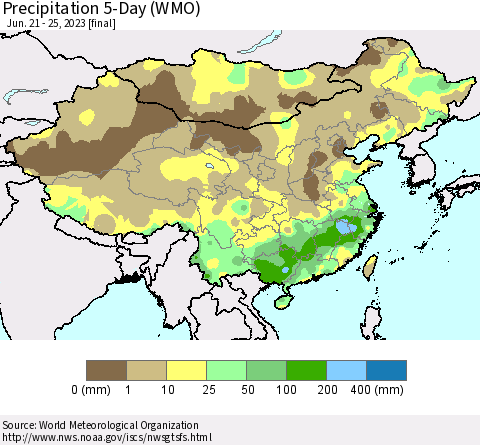 China, Mongolia and Taiwan Precipitation 5-Day (WMO) Thematic Map For 6/21/2023 - 6/25/2023