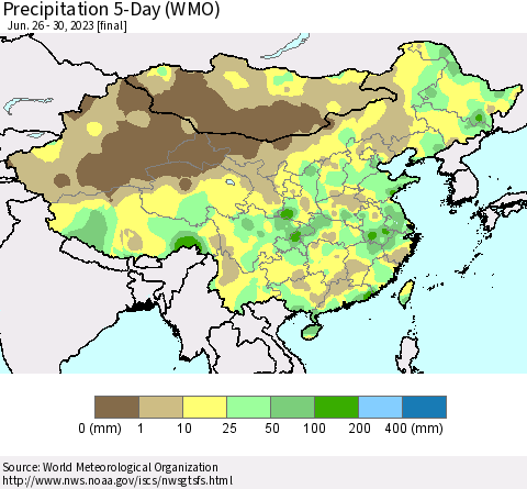 China, Mongolia and Taiwan Precipitation 5-Day (WMO) Thematic Map For 6/26/2023 - 6/30/2023
