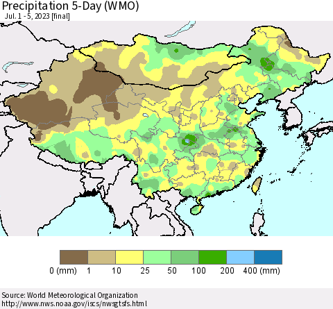 China, Mongolia and Taiwan Precipitation 5-Day (WMO) Thematic Map For 7/1/2023 - 7/5/2023