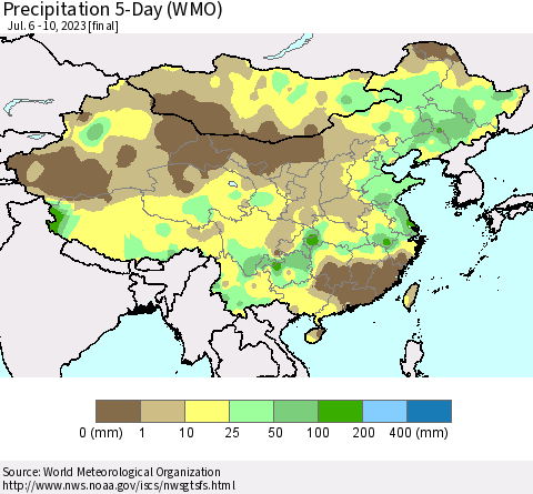 China, Mongolia and Taiwan Precipitation 5-Day (WMO) Thematic Map For 7/6/2023 - 7/10/2023