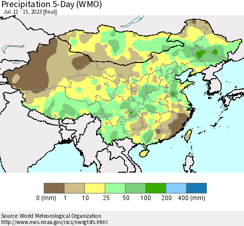 China, Mongolia and Taiwan Precipitation 5-Day (WMO) Thematic Map For 7/11/2023 - 7/15/2023