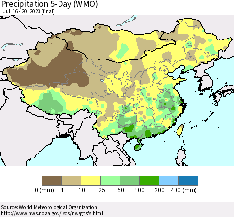 China, Mongolia and Taiwan Precipitation 5-Day (WMO) Thematic Map For 7/16/2023 - 7/20/2023