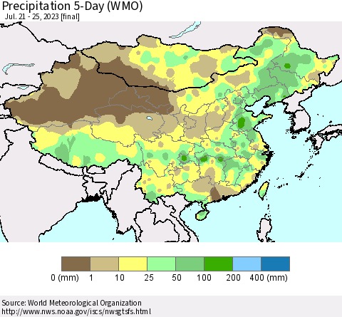 China, Mongolia and Taiwan Precipitation 5-Day (WMO) Thematic Map For 7/21/2023 - 7/25/2023