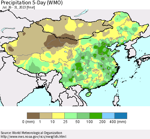 China, Mongolia and Taiwan Precipitation 5-Day (WMO) Thematic Map For 7/26/2023 - 7/31/2023