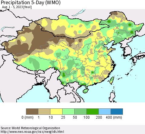 China, Mongolia and Taiwan Precipitation 5-Day (WMO) Thematic Map For 8/1/2023 - 8/5/2023