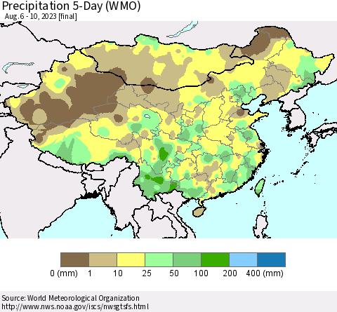 China, Mongolia and Taiwan Precipitation 5-Day (WMO) Thematic Map For 8/6/2023 - 8/10/2023