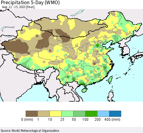 China, Mongolia and Taiwan Precipitation 5-Day (WMO) Thematic Map For 8/11/2023 - 8/15/2023