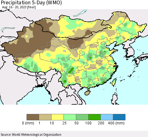 China, Mongolia and Taiwan Precipitation 5-Day (WMO) Thematic Map For 8/16/2023 - 8/20/2023
