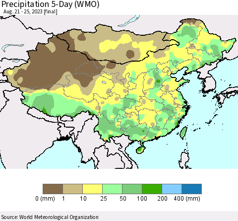 China, Mongolia and Taiwan Precipitation 5-Day (WMO) Thematic Map For 8/21/2023 - 8/25/2023