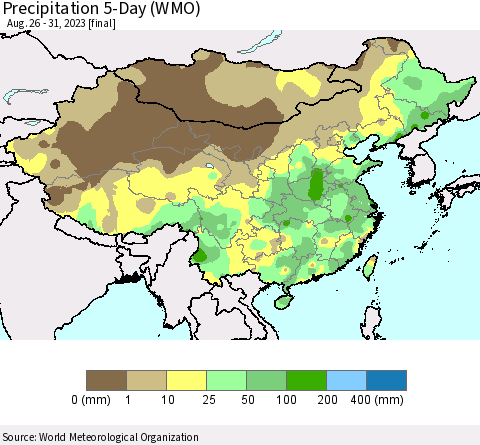 China, Mongolia and Taiwan Precipitation 5-Day (WMO) Thematic Map For 8/26/2023 - 8/31/2023