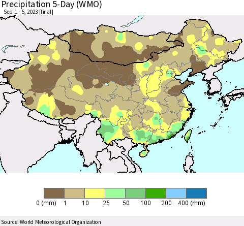 China, Mongolia and Taiwan Precipitation 5-Day (WMO) Thematic Map For 9/1/2023 - 9/5/2023