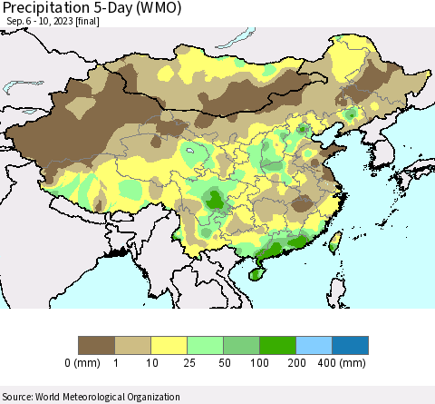 China, Mongolia and Taiwan Precipitation 5-Day (WMO) Thematic Map For 9/6/2023 - 9/10/2023